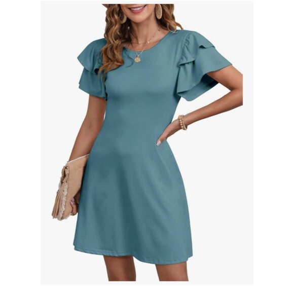 DOKOTOO Womens A-Line Cocktail Dress Blue size XL Midi Short Sleeve - Picture 1 of 6